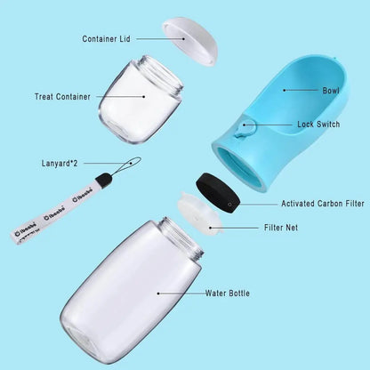 Portable Dog Water Bottle with Treat Container (10oz) – Travel Pet Dispenser & Bowl